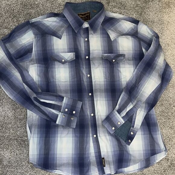 Wrangler Blue plaid check tartan Cowboy Western Rodeo LS Pearl Snap Button shirt - Picture 1 of 5